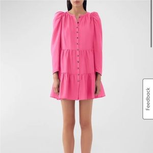 Bird & Knoll Pink Milou Silk Mandarin-Collar Tiered Mini Dress Sz L